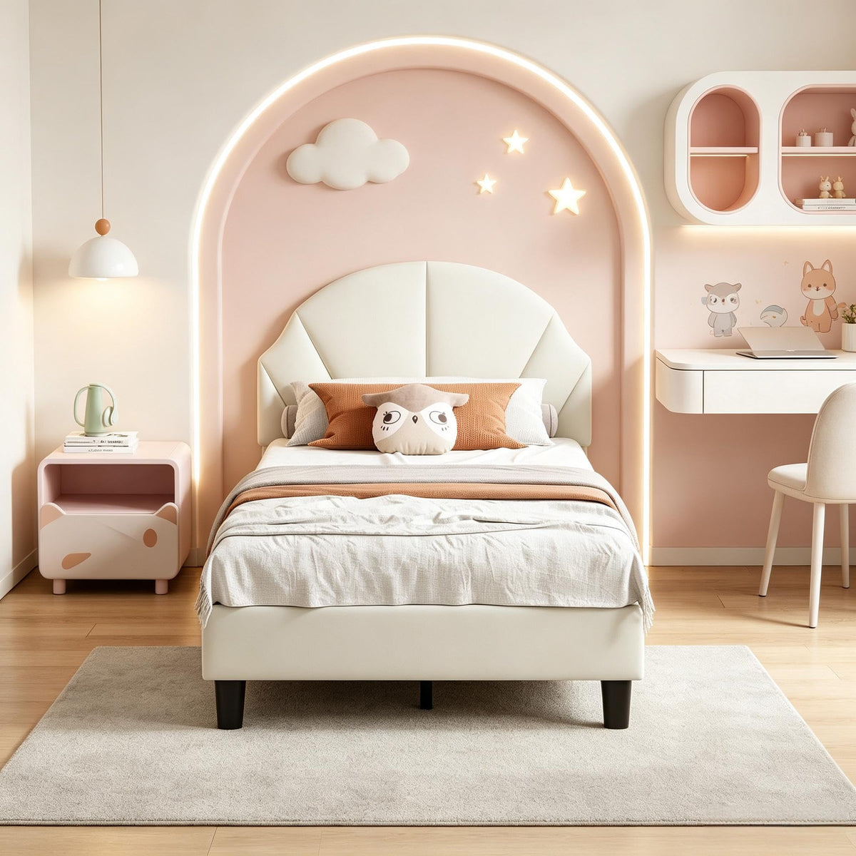 Cama Infantil tapizada 140 x 200 cm con LED, Cama tapizada para niños 140 x 200 con cabecera Ajustable Marco de Camas, Camas de Princesa para Niña en Forma de Corona con Somier(Rosa, 140 x 200)