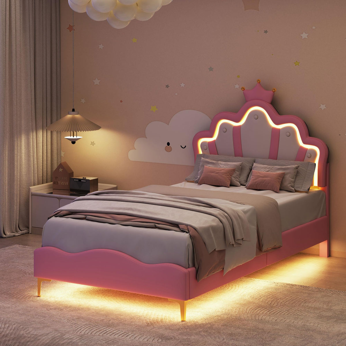 LIVLUX Cama Tapizada 90 x 200 cm, Cama Princesa con Cabezal LED Ajustable y Somier de Lamillas, Cama para Niña, Diseño en Forma de Corona para Niños y Adolescentes (Rosa, 90 x 200 cm)