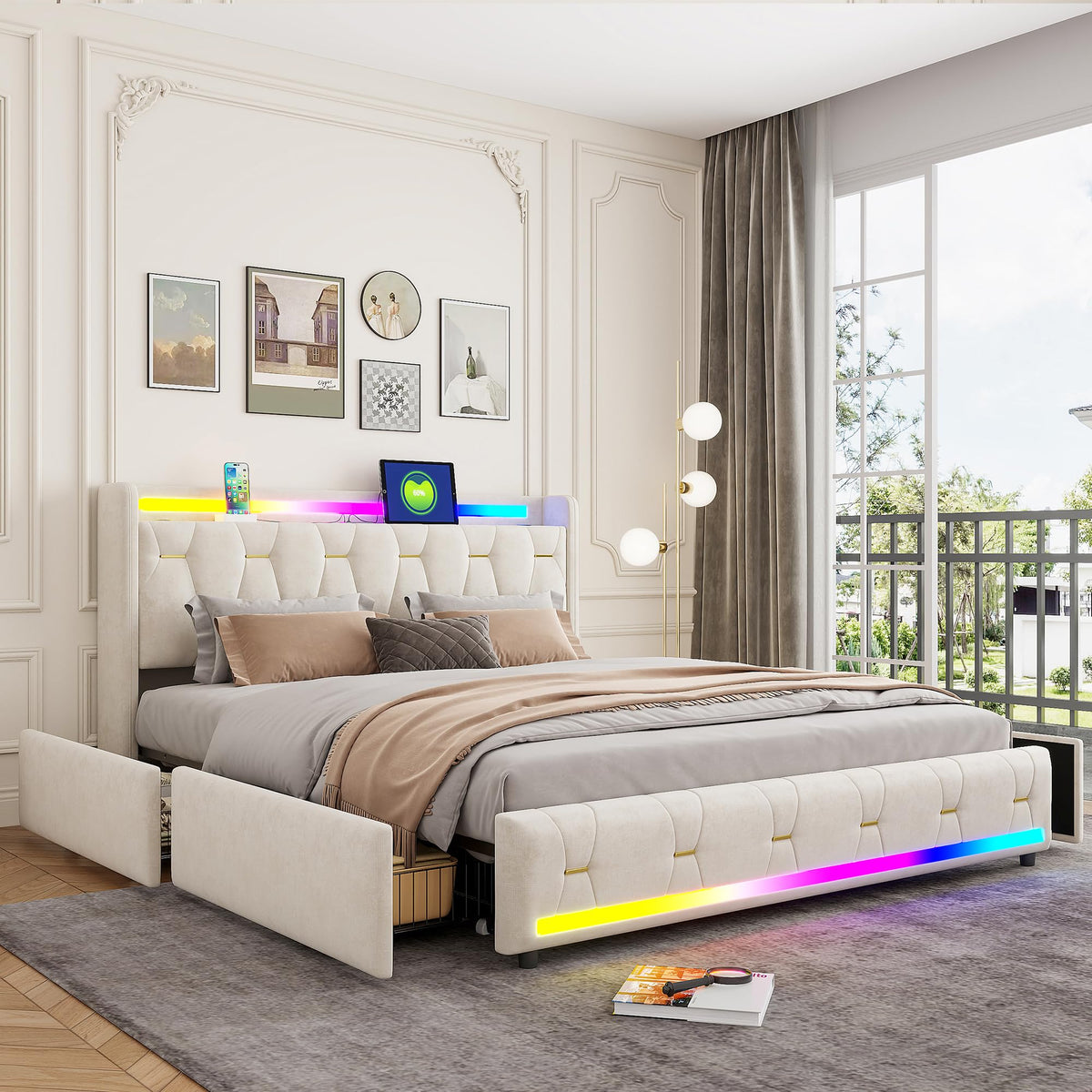 Estructura de Cama de Cuero 160x200cm con Carga USB Type-C, Blanco
