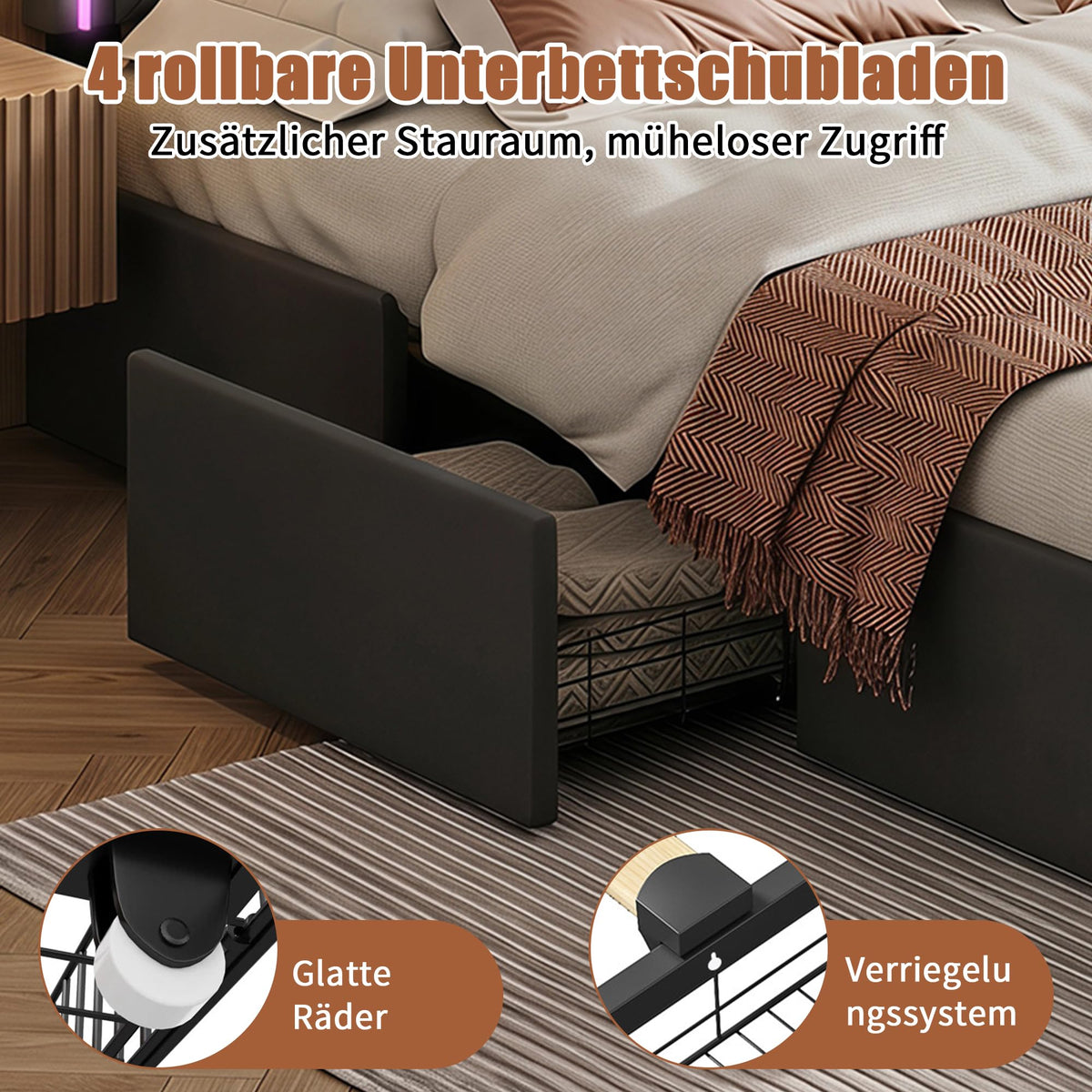 BRILVERDE Cama Tapizada 160x200 con Almacenamiento, Cama matrimonial con cajones, Cama Nido con LED, Cabecero Acolchado y Base de Láminas, Terciopelo (Beige, 160 x 200 cm)