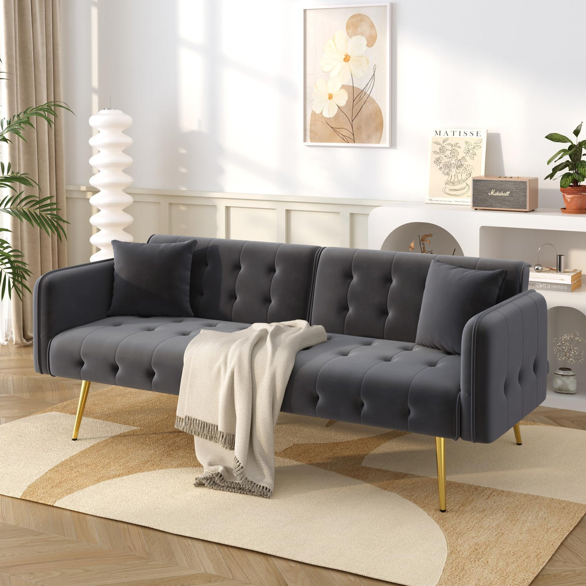 Sofá cama con esquinas ajustables, patas doradas, almohadas y bolsillos laterales para almacenamiento (Bavia)