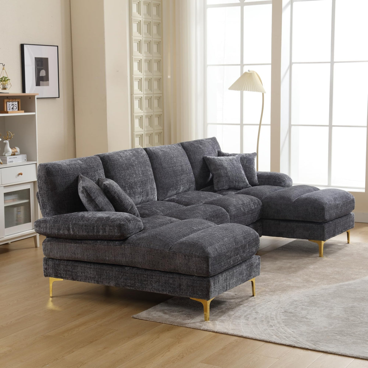 Sapgaks Sofá Seccional en U Moderno,Sofá 4 plazas,Mueble Acolchado de diseño Moderno,Tela de Chenilla (Beige)