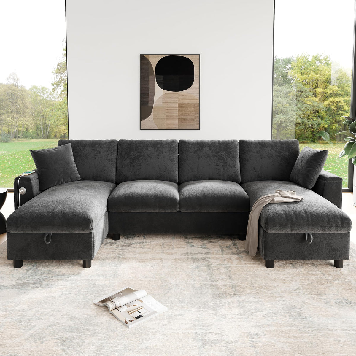 Sofá moderno de chenilla en forma de U con chaise longue, sofá esquinero de 4 plazas con espacio de almacenamiento, puerto USB y tipo C, modular, con soporte para bebidas y cojines suaves