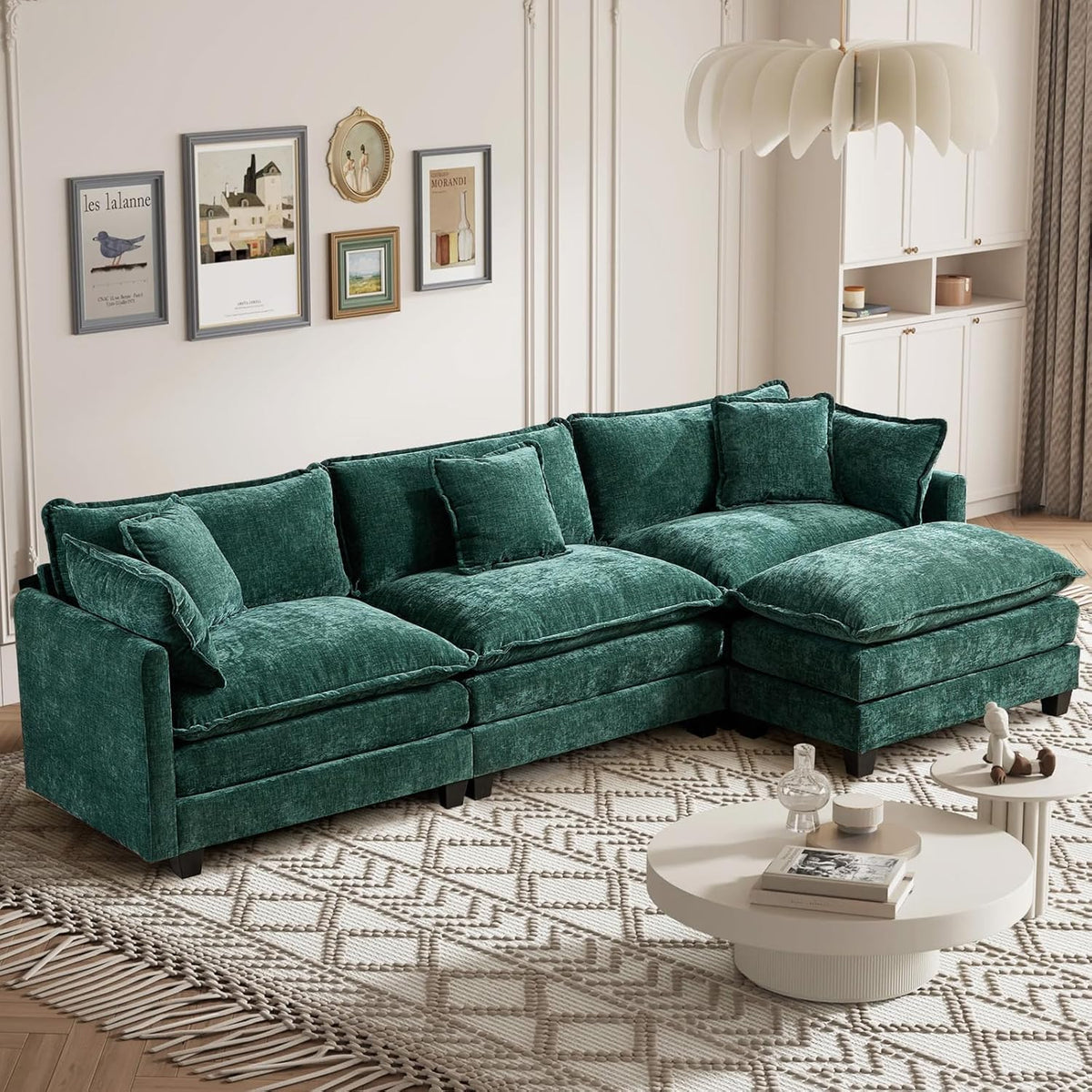 Sofá Modular Modular de 380.0 cm en Forma de L, sofás Convertibles de Gran tamaño, sofá de felpilla de 4 plazas con Asiento Profundo SleeperCloud con Almohadas y 2 otomanas para Sala de