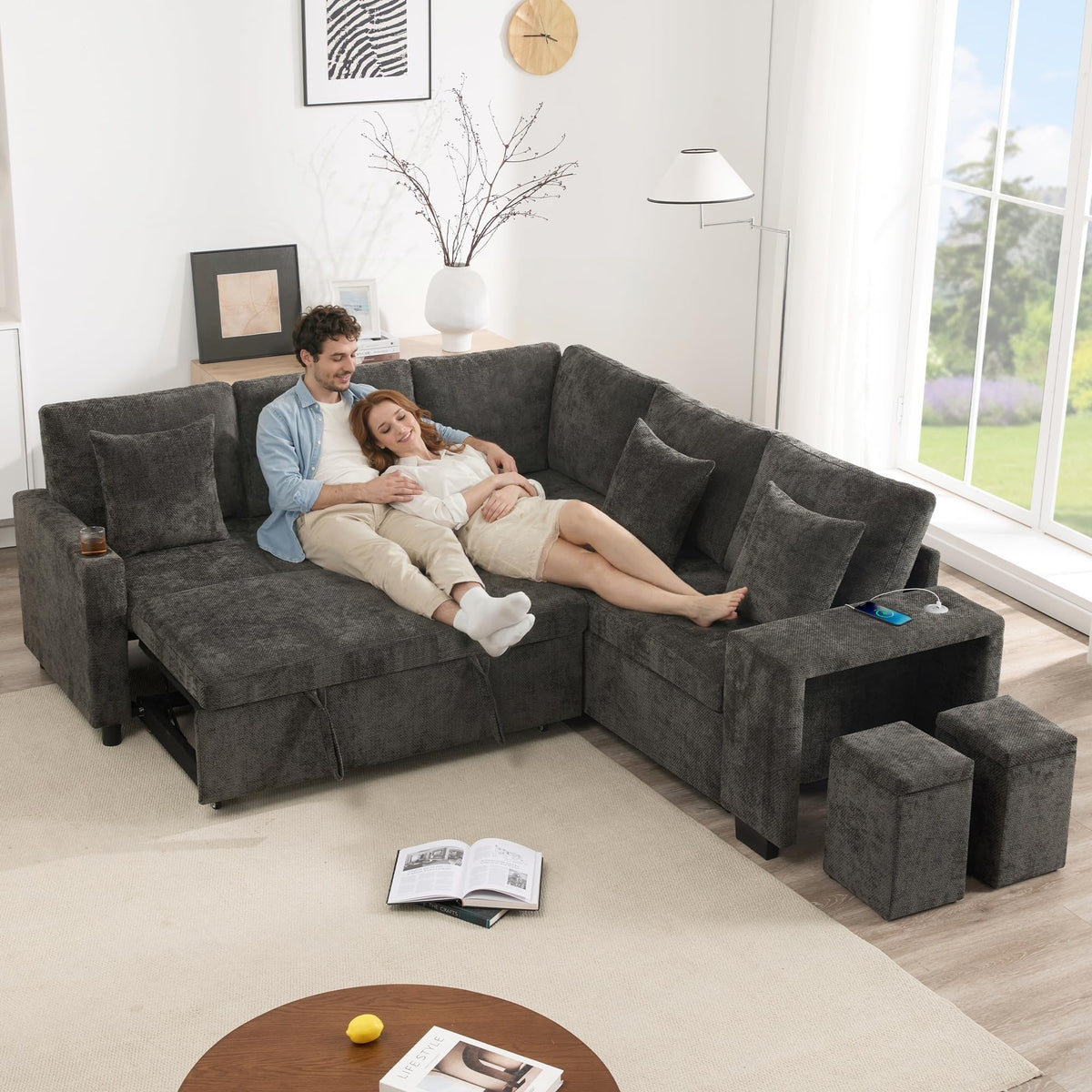 Sofá esquinero extensible en forma de L con puerto USB y portavasos, sofá cama de 4 plazas con función cama, sofá convertible con espacio de almacenamiento y reposabrazos, cojines, chenilla