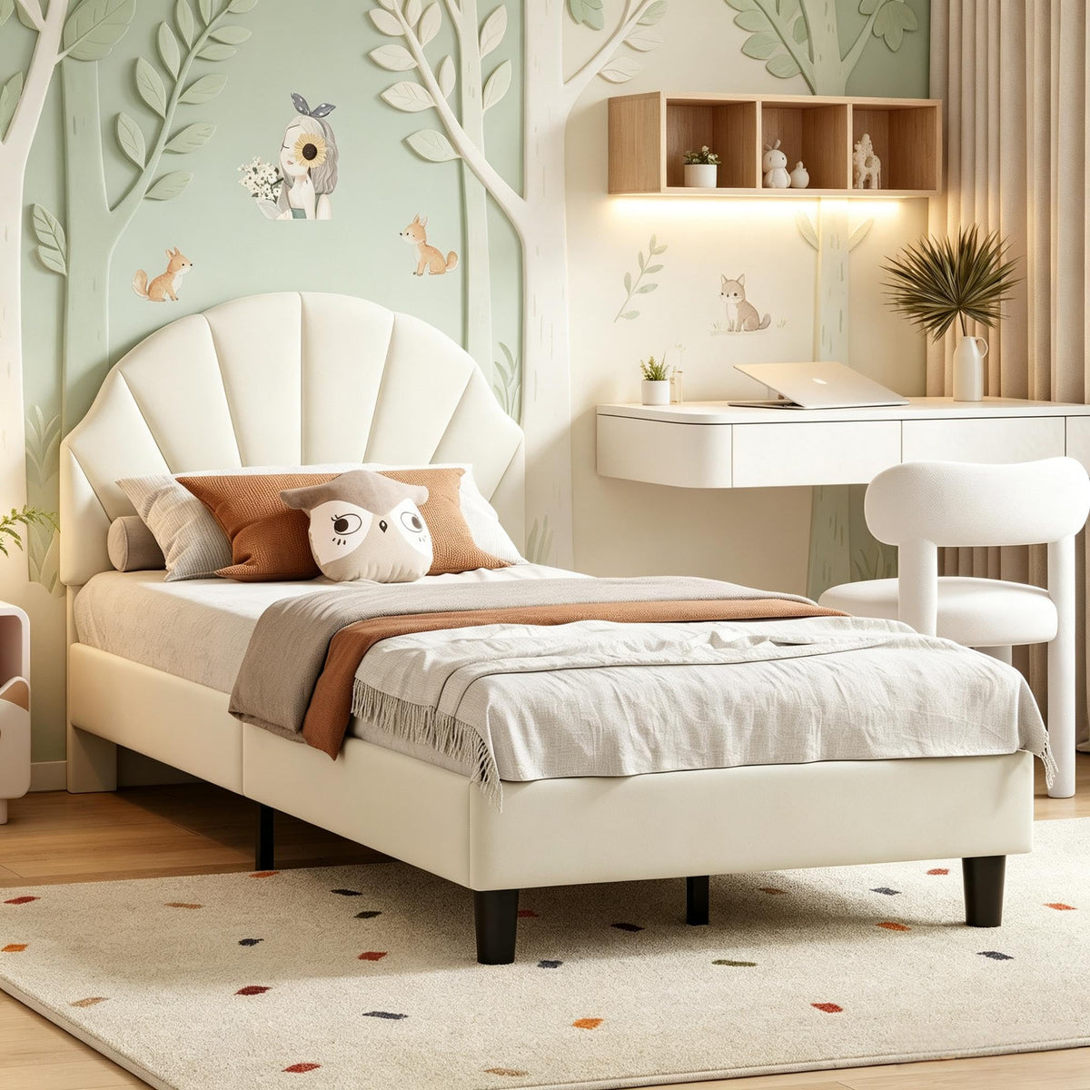 Cama Infantil tapizada 140 x 200 cm con LED, Cama tapizada para niños 140 x 200 con cabecera Ajustable Marco de Camas, Camas de Princesa para Niña en Forma de Corona con Somier(Rosa, 140 x 200)