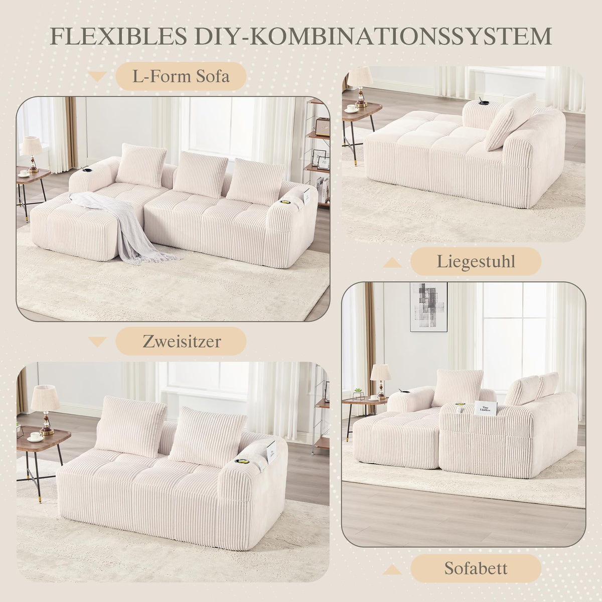 Dolamaní Sofá compacto de 3 plazas de pana con 3 cojines, sofá esquinero en forma de L con función de dormir, suave y modular, asiento extraprofundo, sin montaje, para salón (gris oscuro)