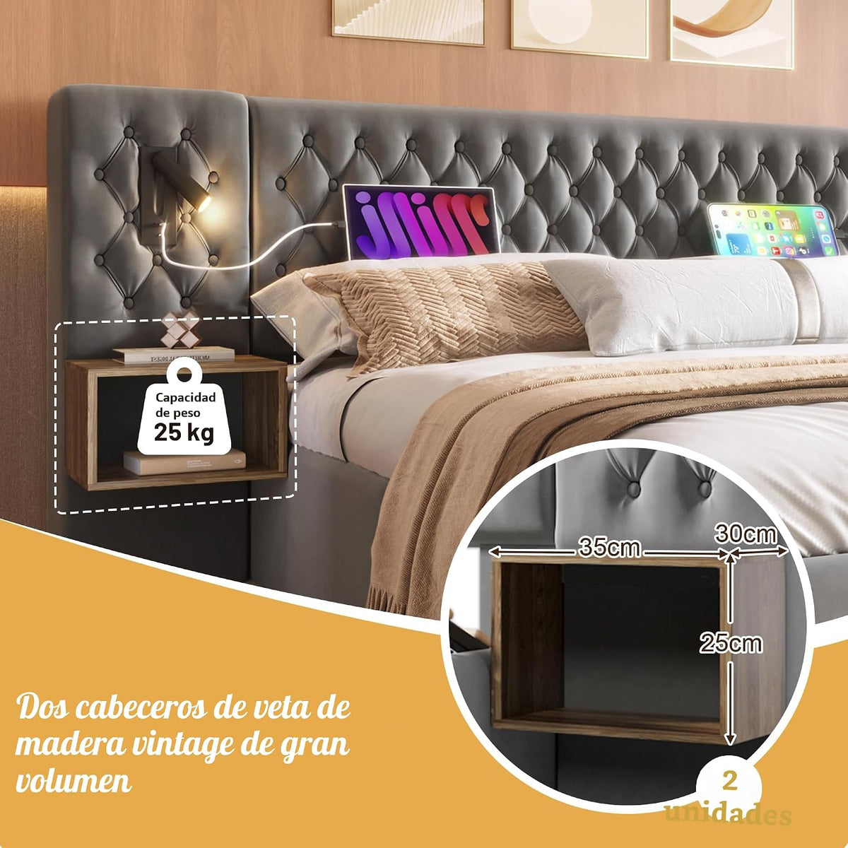 Juego completo de cama para dormitorio, cama doble tapizada de 160 x 200 cm, con 2 mesitas de noche y 4 cajones, cabecero de luz de lectura con función de carga USB, terciopelo, sin colchón