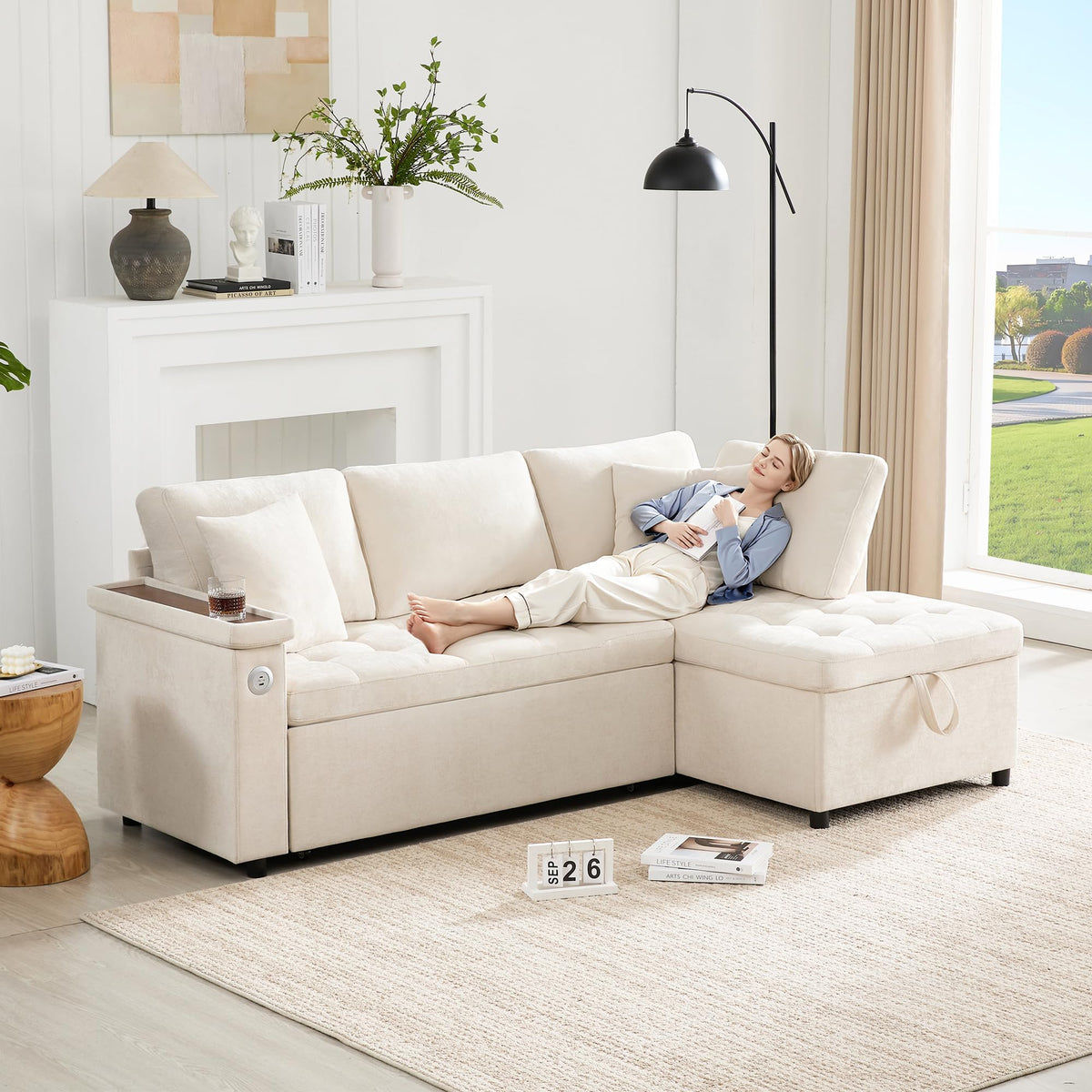 Sofá esquinero extensible en forma de L con puerto USB y portavasos, sofá cama de 4 plazas con función cama, sofá convertible con espacio de almacenamiento y reposabrazos, cojines, chenilla