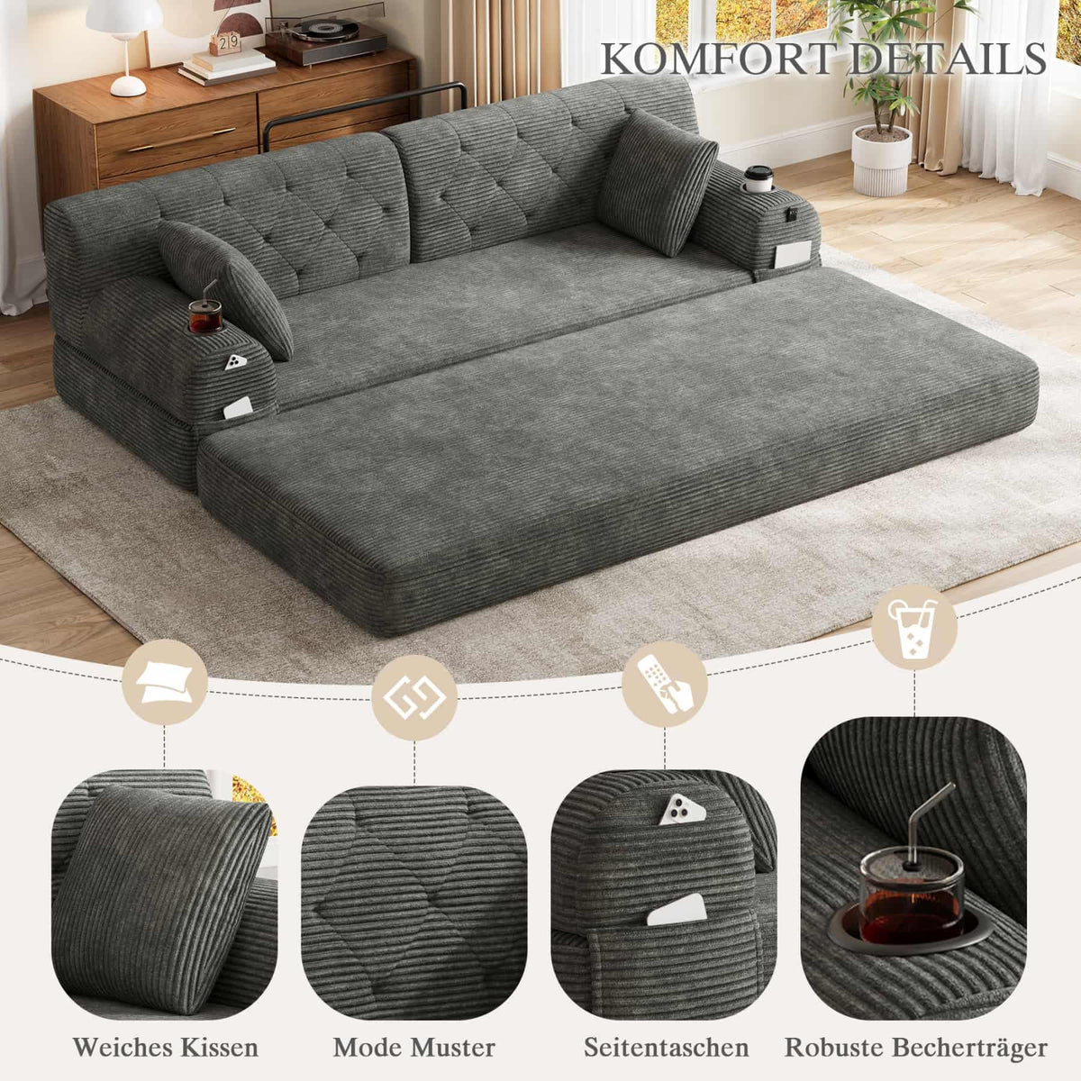 YEHTOKHOME - Sofá de Velor acanalado con respaldo alto y estructura metálica, sofá moderno de 2 plazas con 2 portavasos y 4 bolsillos laterales, para salón, dormitorio (Beige)