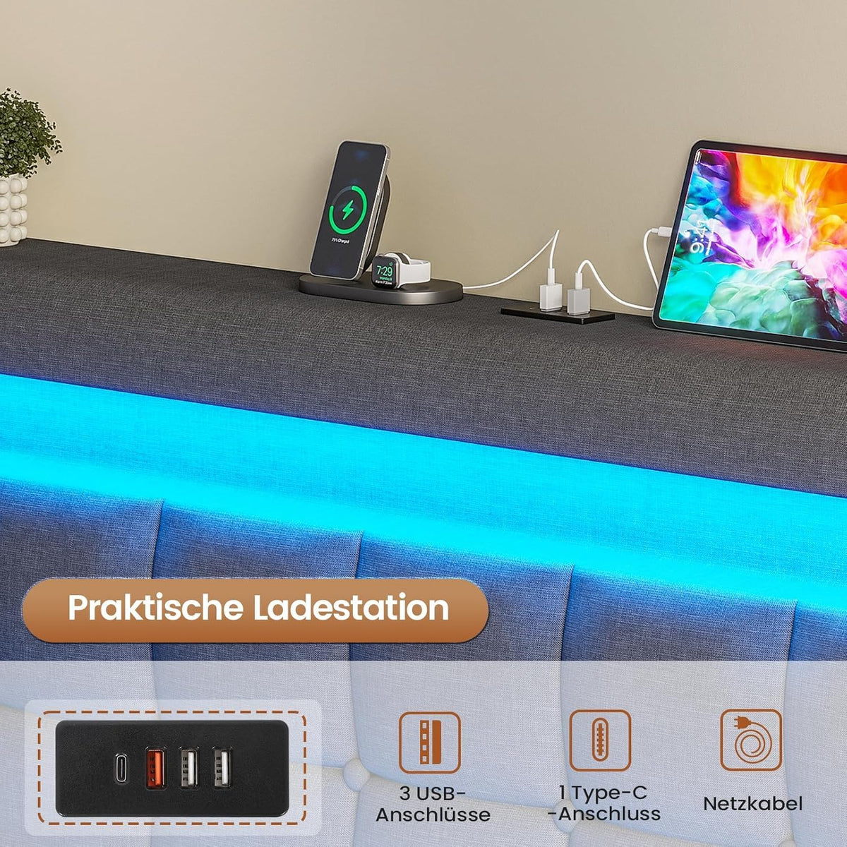 AOGLLATI Camas Matrimoniales 140x190 cm con Almacenamiento Hidráulico, Cama Canapé con Cabecero Ajustable, Estructura de Cama con Luces LED y Estación de Carga (USB y Tipo-C), Gris Oscuro