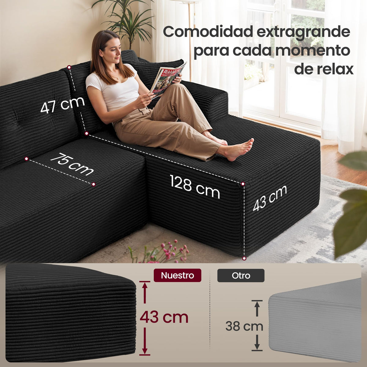 VASAGLE Sofá con Chaise Longue, Esquinero de Pana, Diseño Modular de 3 Plazas, 242 x 152 x 73 cm, Negro, para Salón, Colección Camila LCS183B101