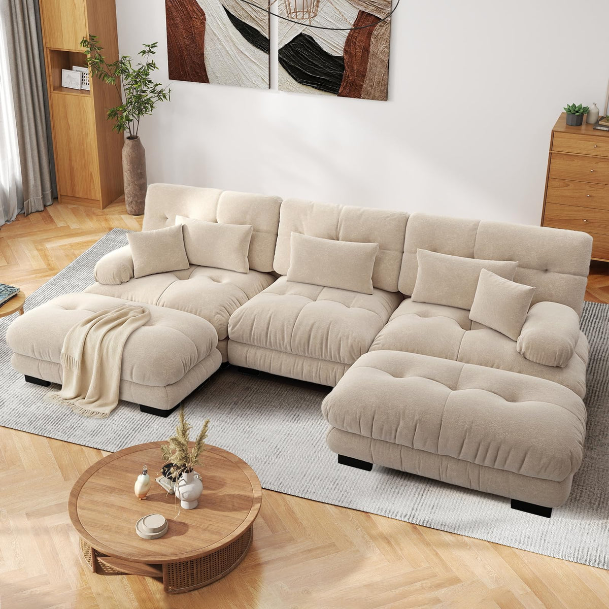 SoarFlash Sofá U Modular de 4 plazas para salón Moderno, sofá Nube de Tela Chenille con reposabrazos, Color Amarillo, 145×406 cm