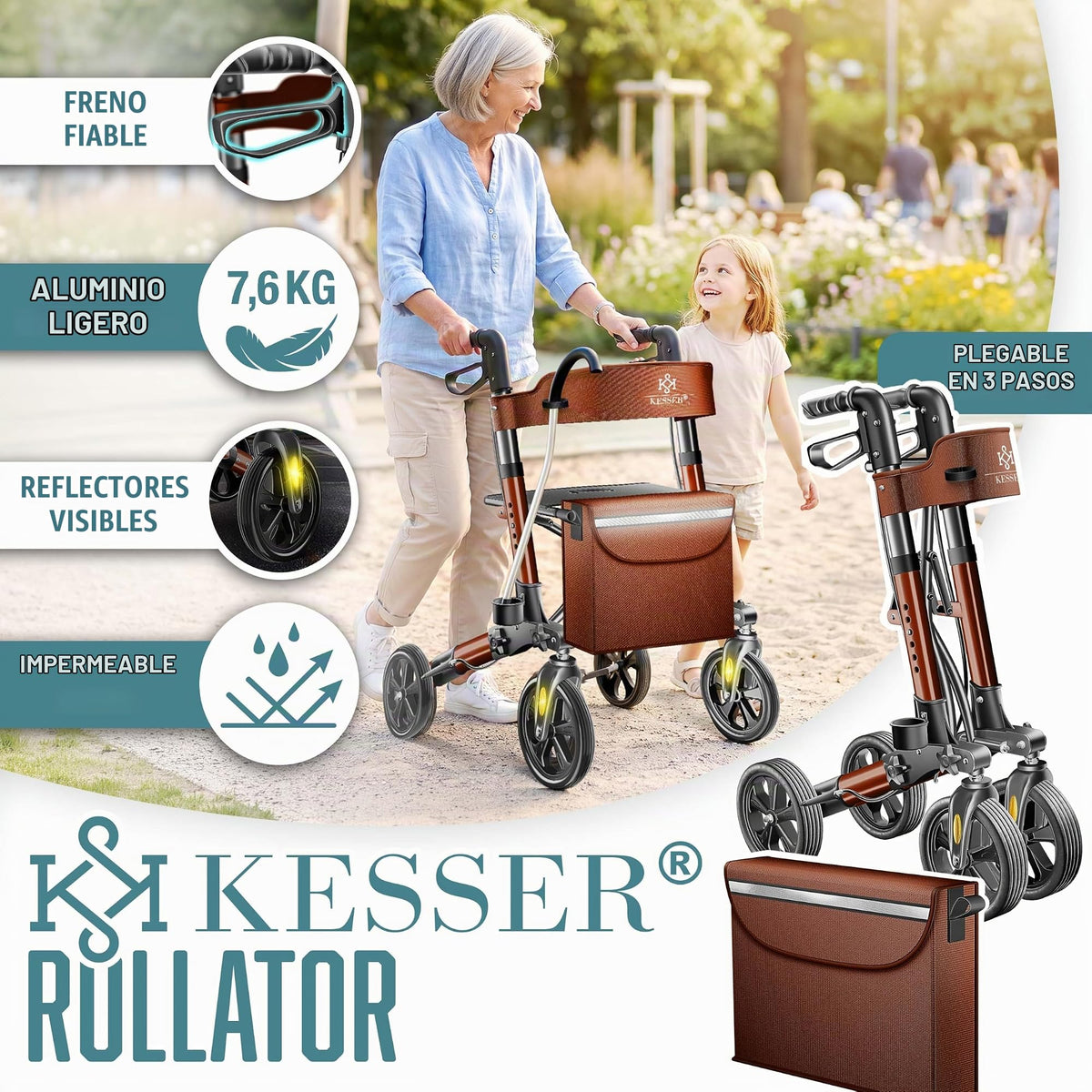 KESSER® Andador plegable con asiento y respaldo, 4 Ruedas/Frenos/Saco de Compra y Porta Bastón, Altura Ajustable 82-94cm, Andador, Carro, Rollator para Ancianos Gris