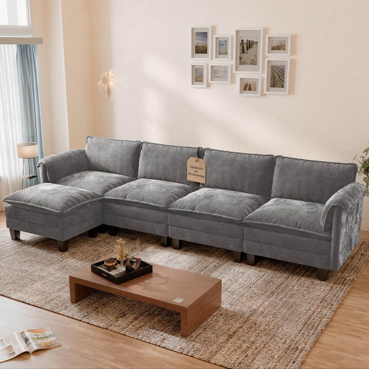 ELUCHANG Sofá Nube Modular 256cm, Sofá de 3 Plazas con Asiento Profundo 62cm, Montaje sin Herramientas, Sofá Moderno de Chenilla para Salón y Habitación, Gris Perla