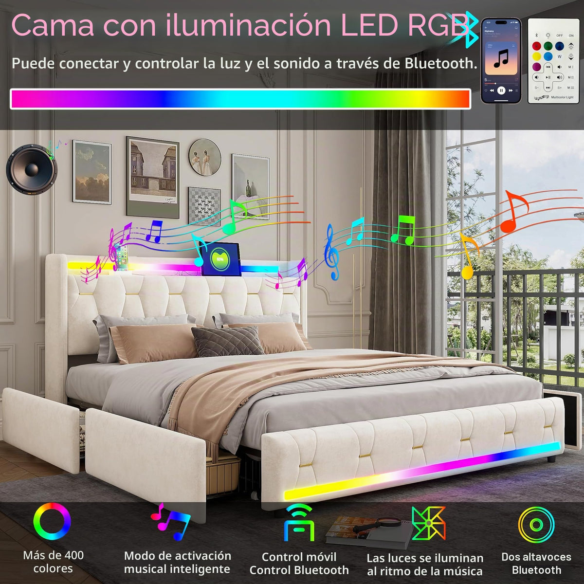 Estructura de Cama de Cuero 160x200cm con Carga USB Type-C, Blanco