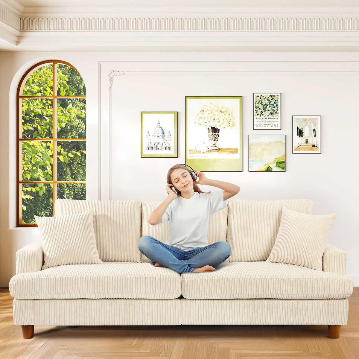 Kidirect Sofá de Pana de 3 plazas, 221 cm cómodo sofá de 53 cm Asientos Extra Profundos, sofá de salón Montaje sin Herramientas sofá Grande con 2 Cojines, sofá Moderno para Oficina,Verde Bosque