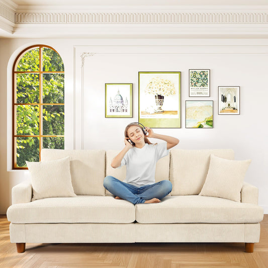 Kidirect Sofá de Pana de 3 plazas, 221 cm cómodo sofá de 53 cm Asientos Extra Profundos, sofá de salón Montaje sin Herramientas sofá Grande con 2 Cojines, sofá Moderno para Oficina,Verde Bosque