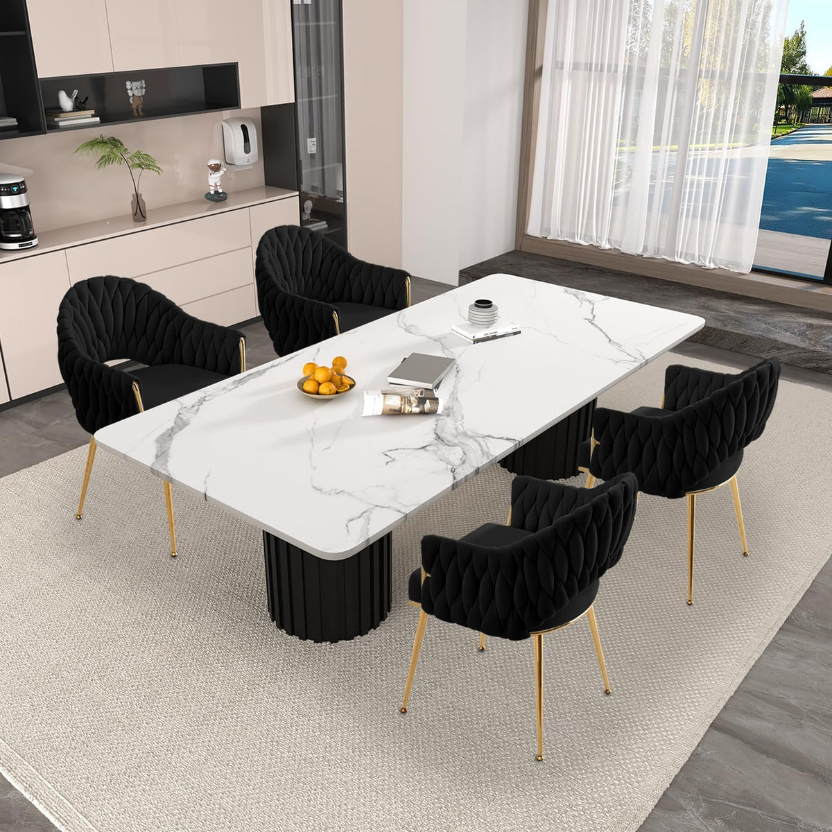 Juego de 4 sillas de comedor de terciopelo, sillones de salón, sillas de comedor con reposabrazos, sillas de cocina con respaldo alto trenzado a mano, silla de tocador con patas doradas