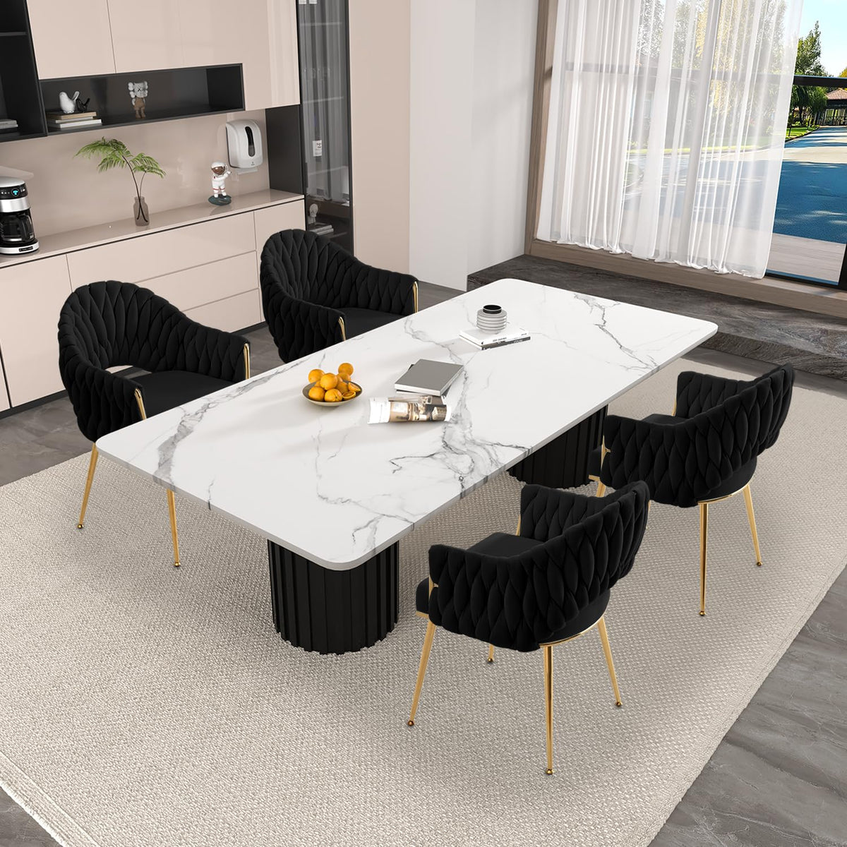 Juego de 4 sillas de comedor de terciopelo, sillones de salón, sillas de comedor con reposabrazos, sillas de cocina con respaldo alto trenzado a mano, silla de tocador con patas doradas