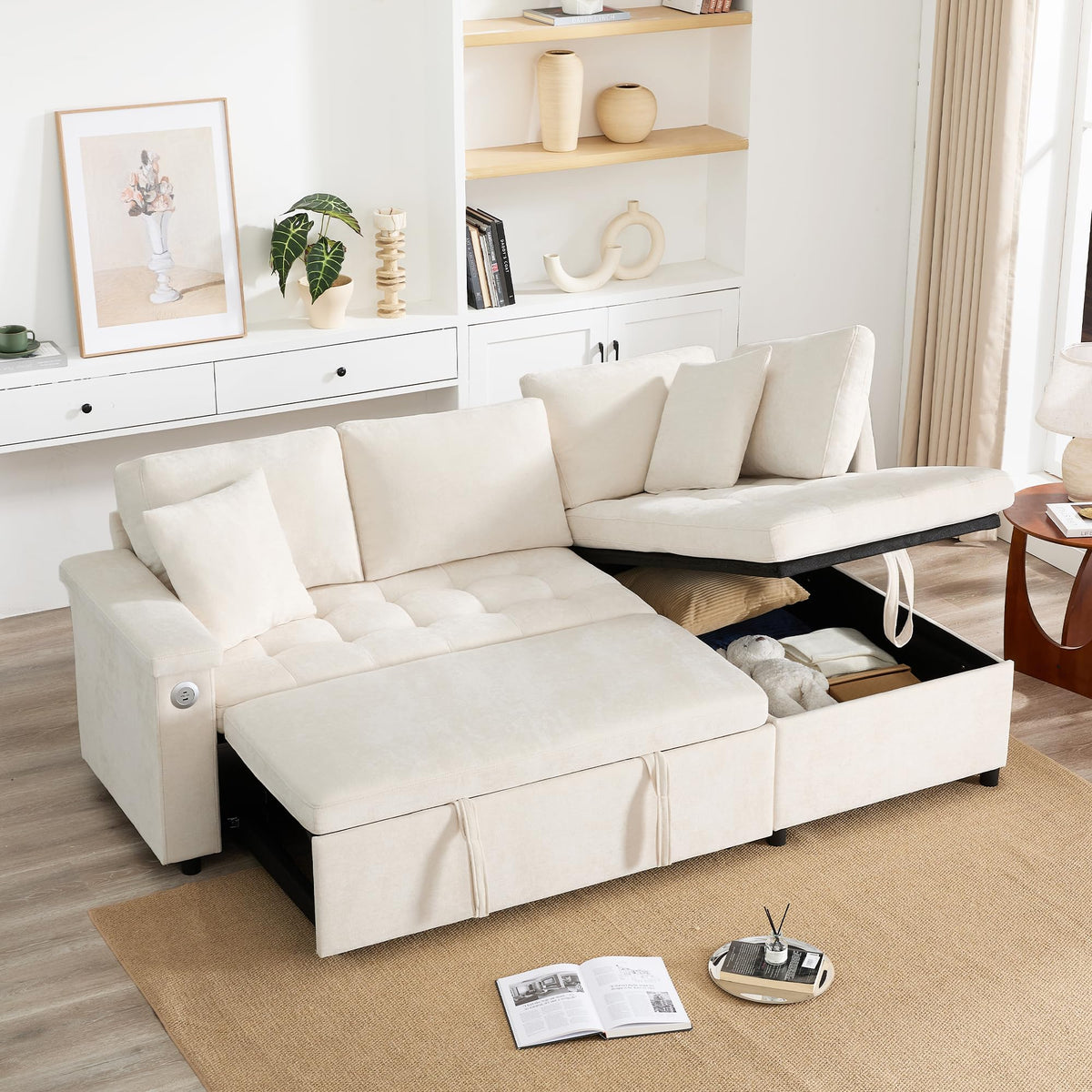 Lubvtti Sofá cama de 3 plazas moderno con función de cama, con espacio de almacenamiento, cargador USB, reposabrazos portaobjetos y 2 cojines, sofá de esquina en L, sofá de 3 plazas, chenilla (C-gris)