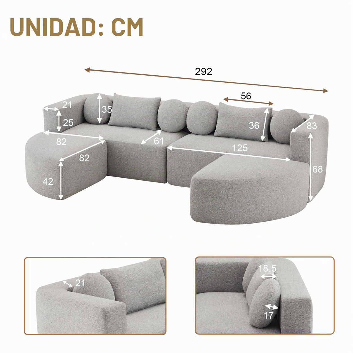 LAKFEW Sofa Cama con Cama Extensible y Taburete Almacenaje, Sofa Rinconera con USB, Lámpara de Lectura, Mesa Plegable con 2 Posavasos, 205x205x85 cm, Gris