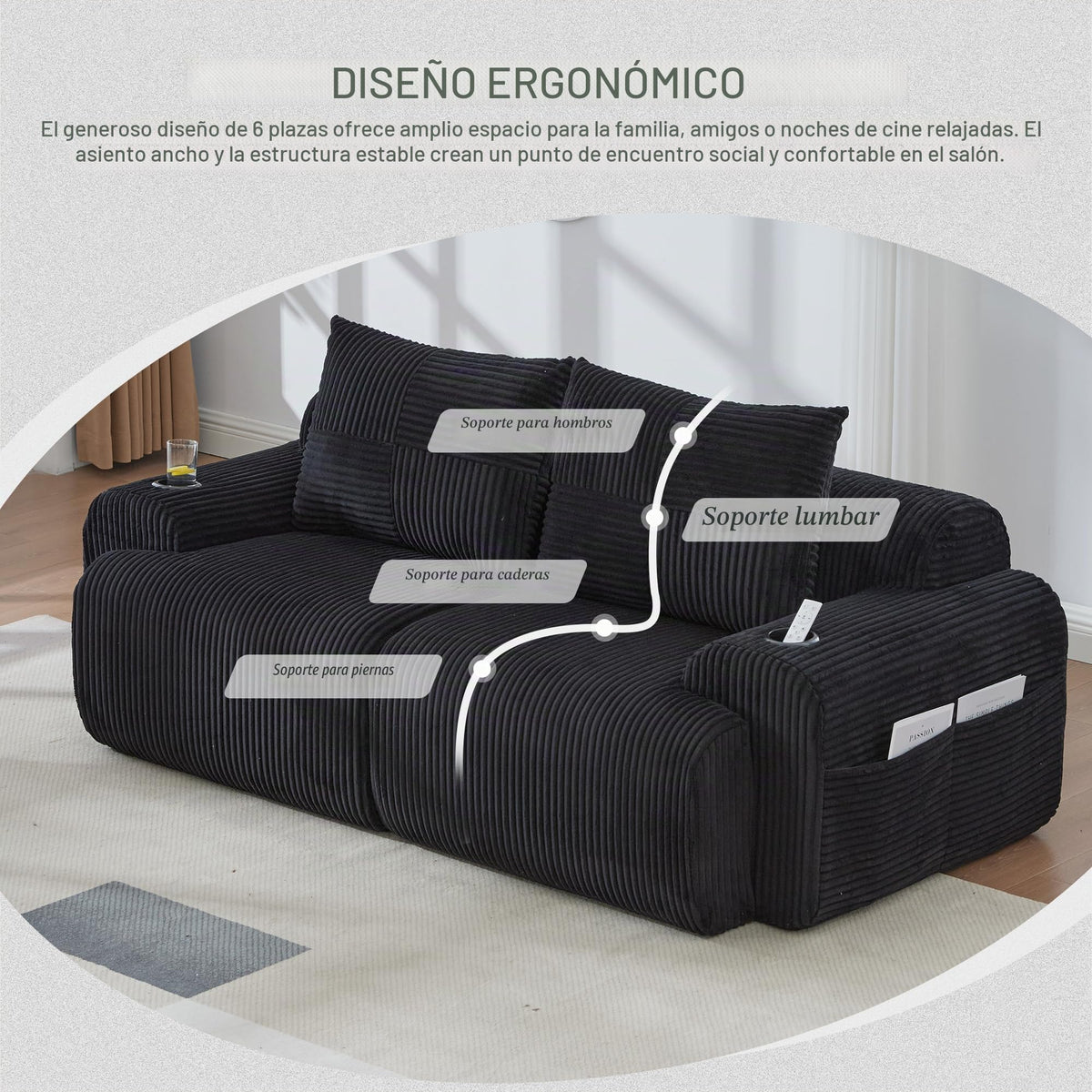 Sofá modular de 200 cm, sofá de 2 plazas con portabebidas y bolsillo de almacenamiento lateral, sofá comprimido de pana, sofá seccional para sala de estar y dormitorio