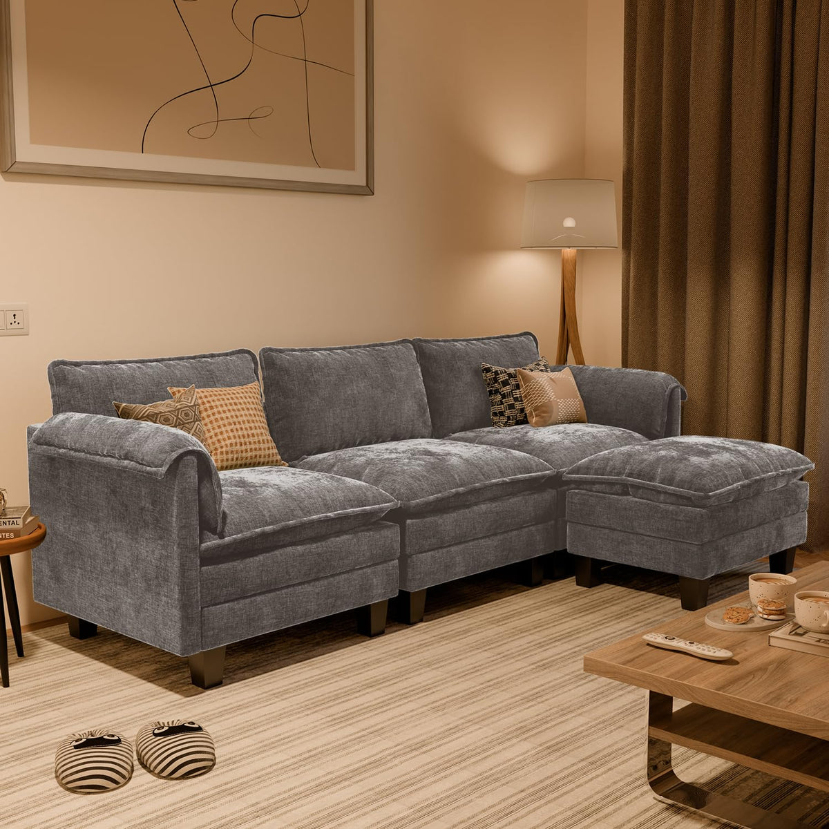 ELUCHANG Sofá Nube Modular 256cm, Sofá de 3 Plazas con Asiento Profundo 62cm, Montaje sin Herramientas, Sofá Moderno de Chenilla para Salón y Habitación, Gris Perla