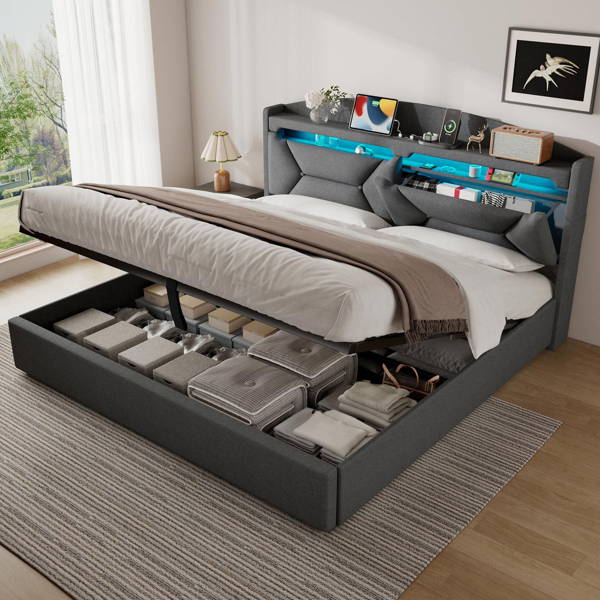 Cama 90x200 cm con Almacenamiento, Cama Individual con LED, Puertos USB y Type-C, Somier 90x200 Hidráulico, Camas Juveniles Camas Infantiles con Cabecero, Lino, Beige, Colchón No Incluido