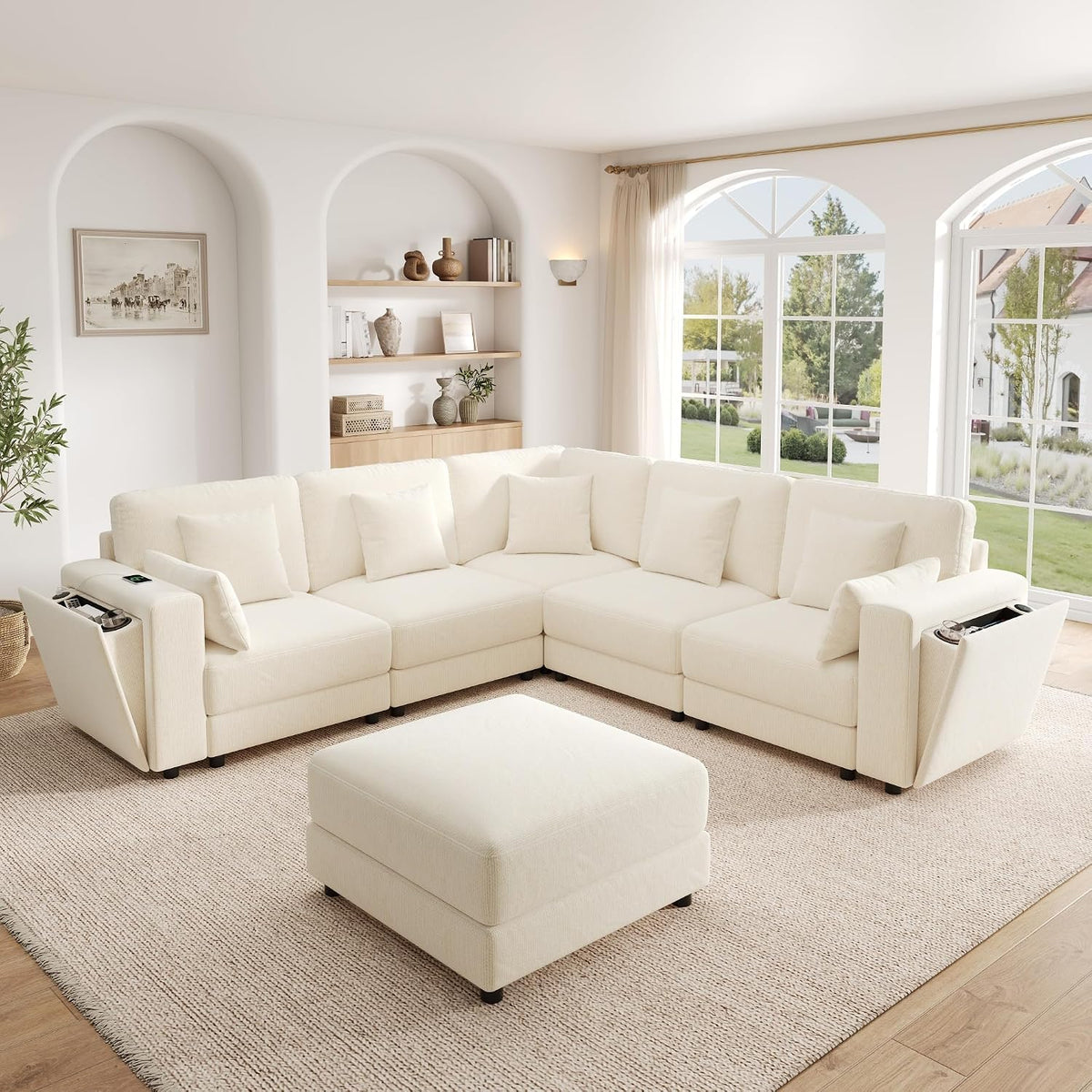 Sofá modular de 6 plazas, sofá esquinero en forma de L/U, puertos USB/tipo C, portavasos y espacio de almacenamiento, tela de chenilla, 7 cojines, salón, dormitorio y oficina, color beige