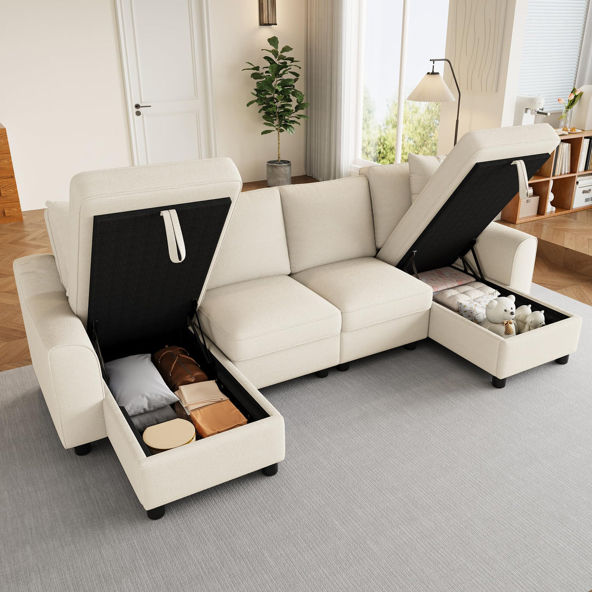 Sofá moderno de chenilla en forma de U con chaise longue, sofá esquinero de 4 plazas con espacio de almacenamiento, puerto USB y tipo C, modular, con soporte para bebidas y cojines suaves