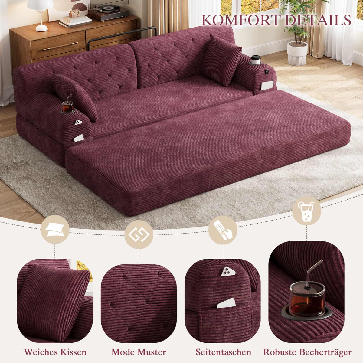 YEHTOKHOME - Sofá de Velor acanalado con respaldo alto y estructura metálica, sofá moderno de 2 plazas con 2 portavasos y 4 bolsillos laterales, para salón, dormitorio (Beige)