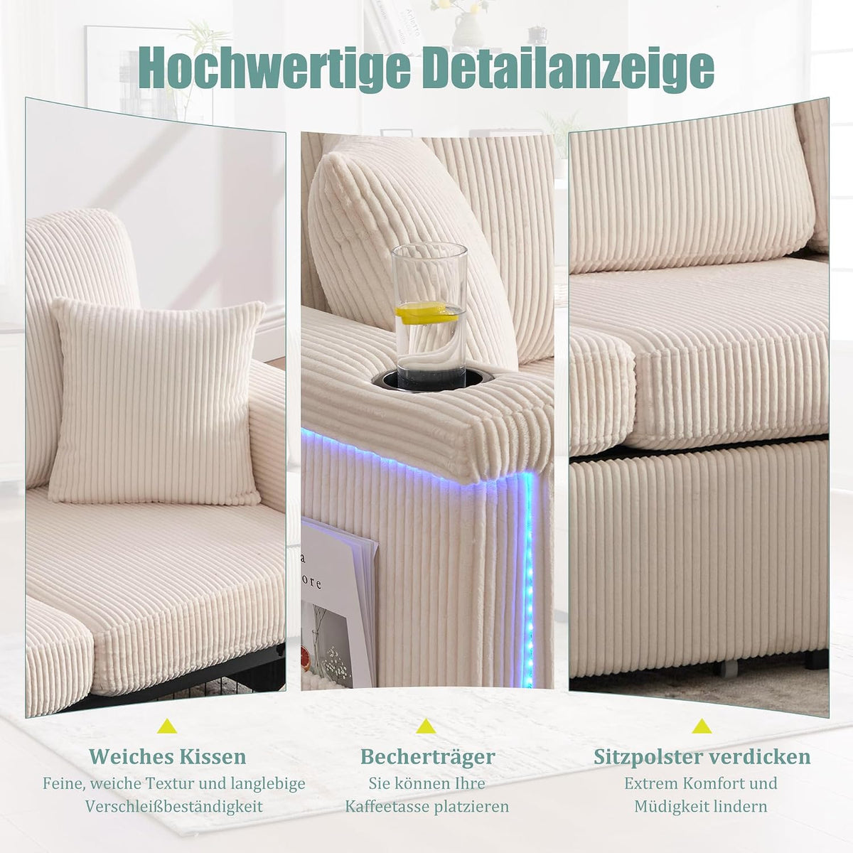Dolamaní Sofá de terciopelo de 3 plazas con 2 cajones, soporte para bebidas, bolsillos laterales y reposapiés para sala de estar, dormitorio y oficina (beige)