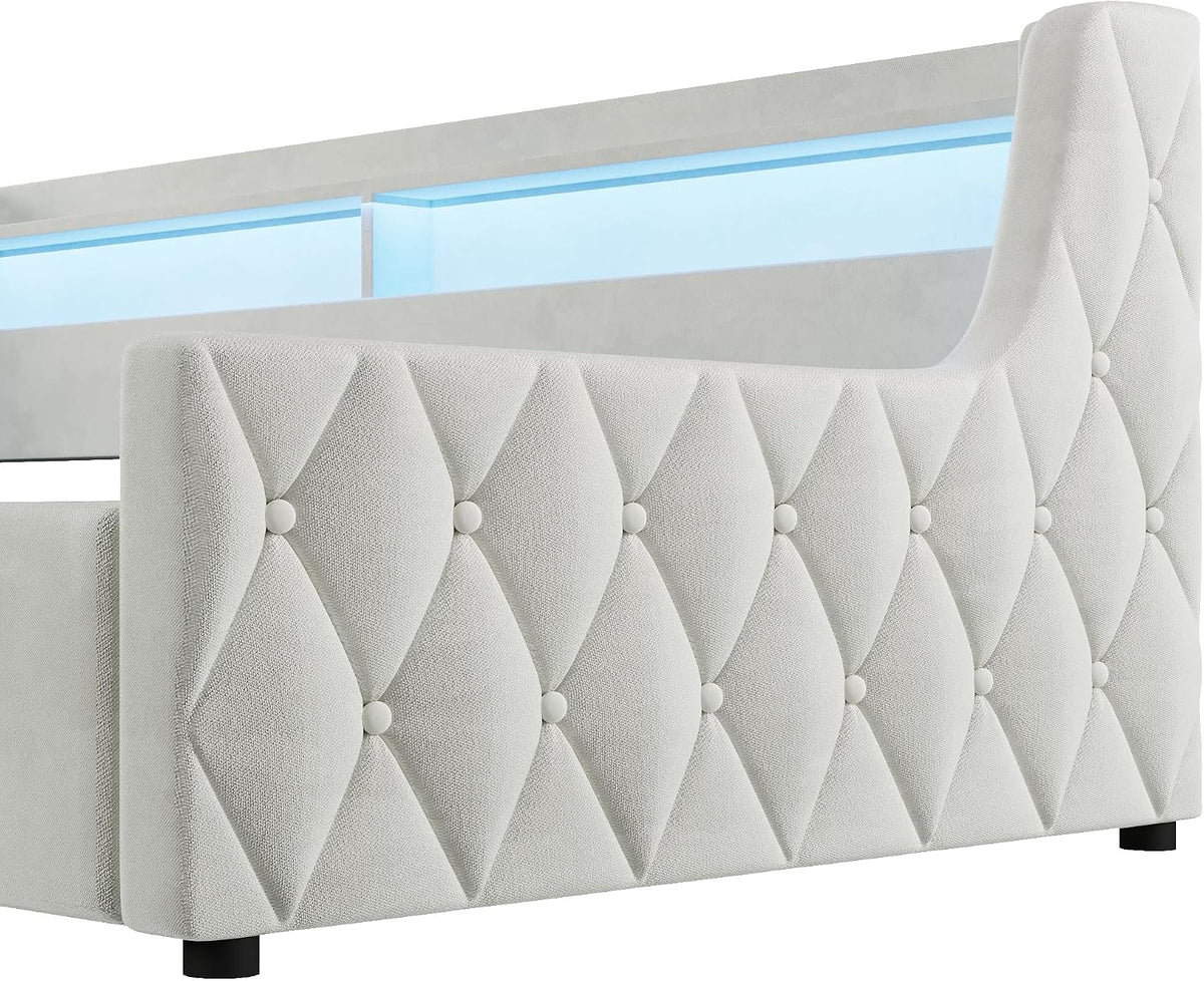 Cama con plataforma de terciopelo 90 x 200 cm, con espacio de almacenamiento hidráulico e iluminación LED (color crema, 90 x 200 cm)
