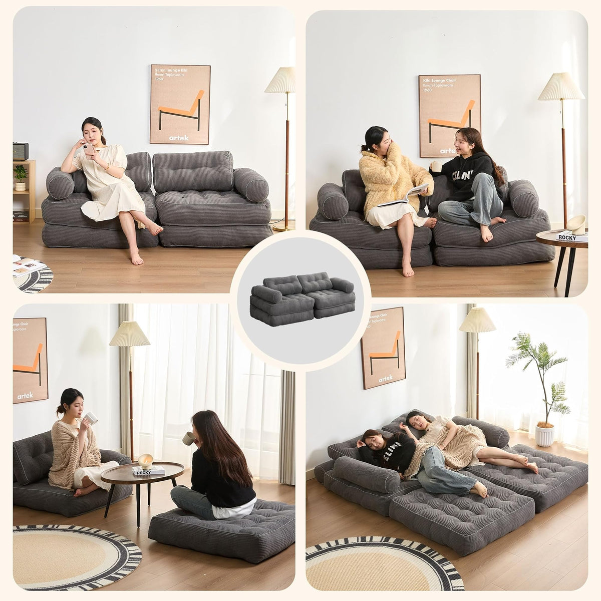 Sofá Convertible 4 en 1, Sofá Cama 1 Plaza, Pana, Negro