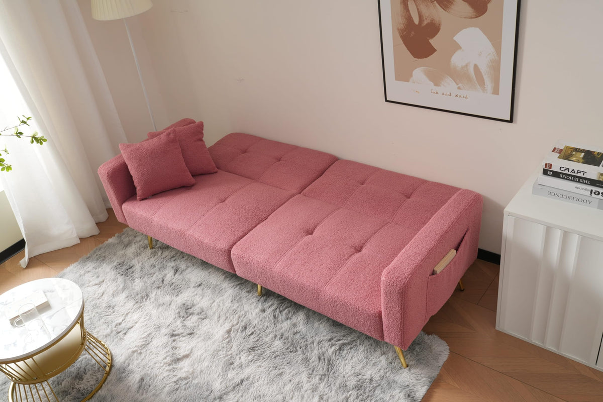 Sofá cama con esquinas ajustables, patas doradas, almohadas y bolsillos laterales para almacenamiento (Bavia)
