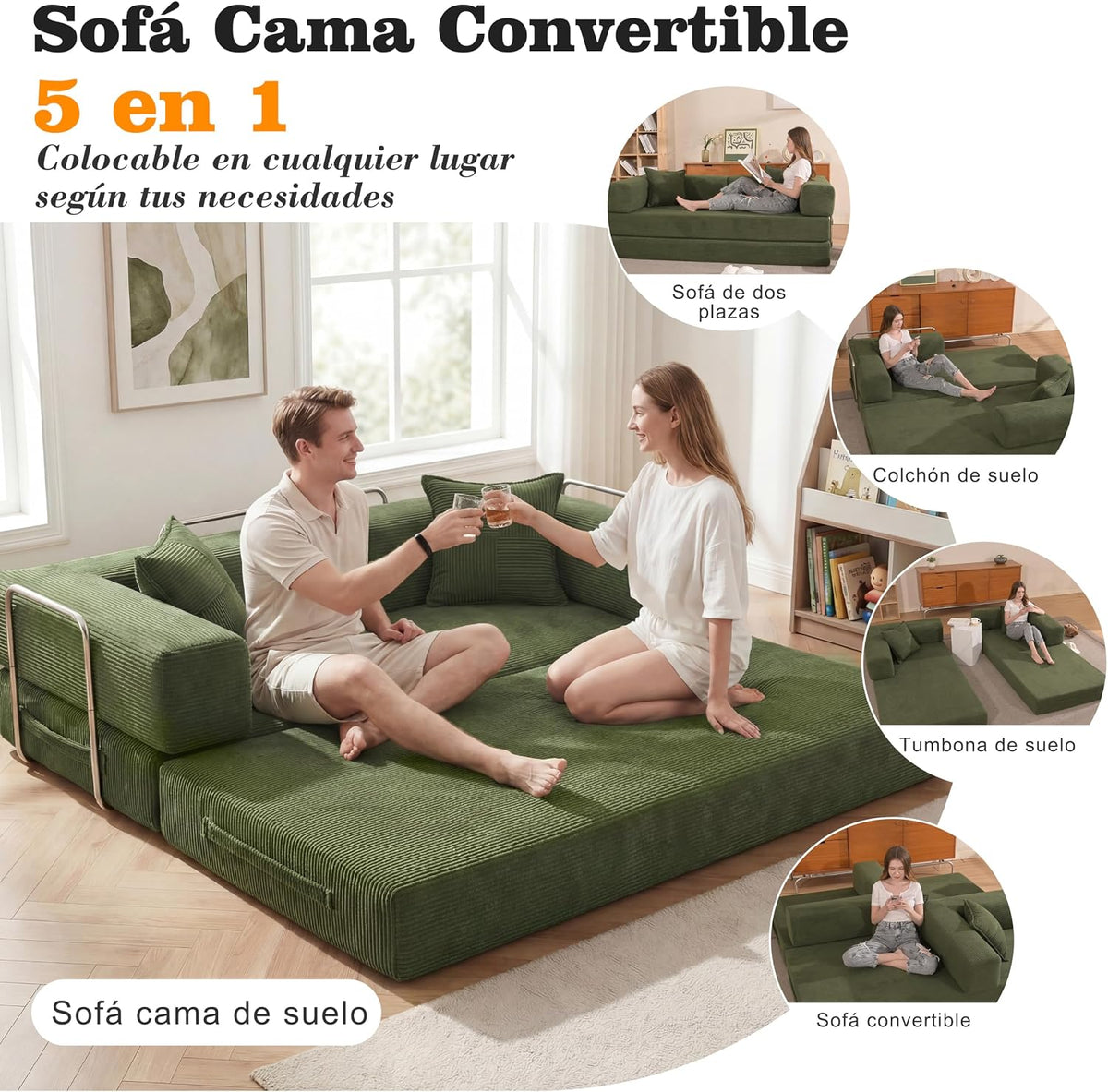 Vipbear Sofá Cama Pana 200×100×70 cm, sofá de Suelo transformable 5 en 1, Espuma de Alta Densidad, Apto para Mascotas y ergonómico, sin Montaje, Verde