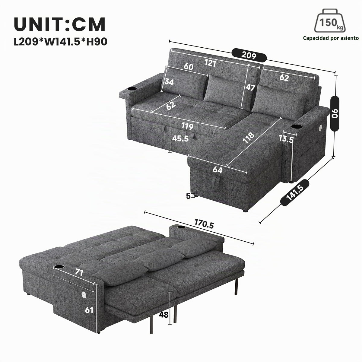Bladez Sofá cama extensible en forma de L de lino con espacio de almacenamiento, soporte para bebidas, sofá modular de 3 plazas para salón (gris)