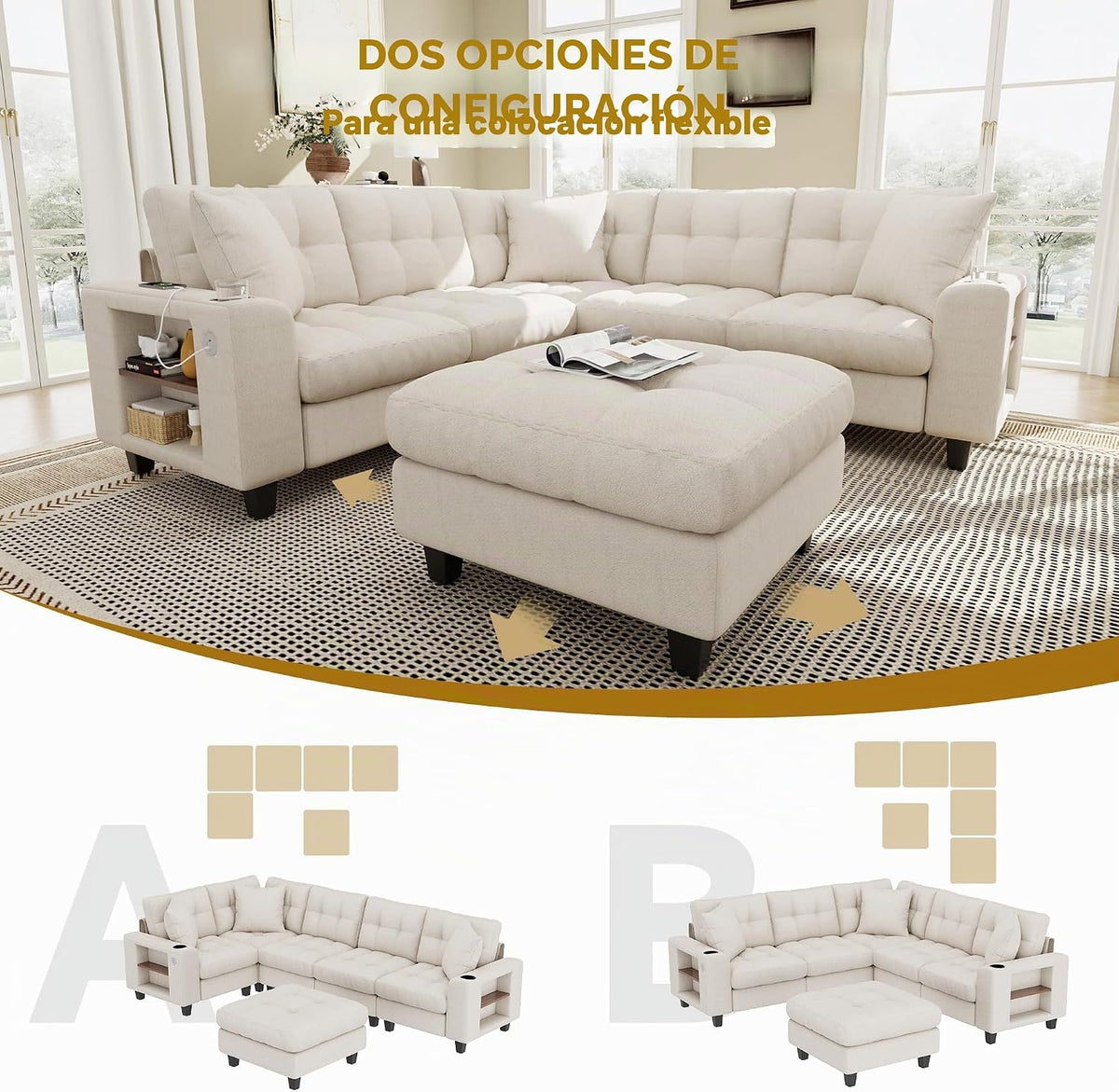 Sapgaks Sofá modular moderno de 6 plazas, con USB y portavasos, sofá de esquina modular muy grande en forma de U/L, con reposapiés extraíble y apoyabrazos con estantería, tela de chenilla, beige