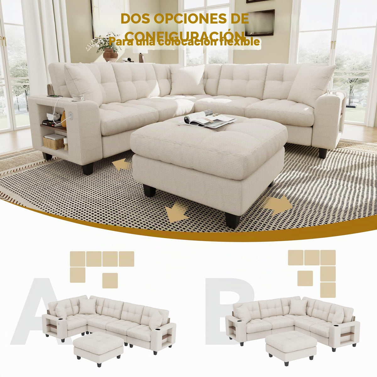 Sapgaks Sofá de esquina convertible de 6 plazas con USB, sofá convertible de 6 plazas, sofá de 6 plazas, en chenilla, con apoyabrazos en forma de librería, puf extraíble para configuraciones en L y en