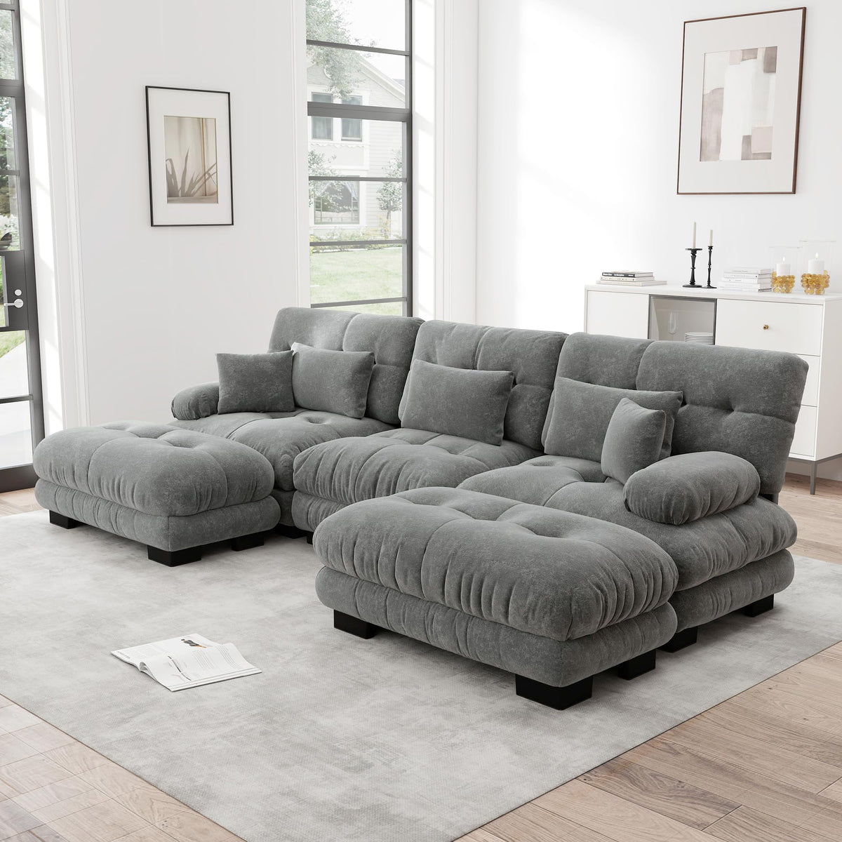 Sofá seccional Cloud en forma de L de 4 plazas con otomana móvil, ciniglia paisaje residencial con asiento profundo y reposabrazos anchos, gran sofá de sala para apartamento