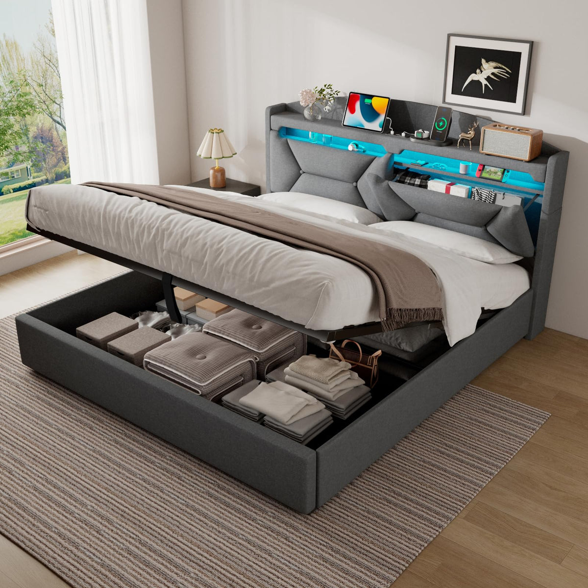 Cama 90x200 cm con Almacenamiento, Cama Individual con LED, Puertos USB y Type-C, Somier 90x200 Hidráulico, Camas Juveniles Camas Infantiles con Cabecero, Lino, Beige, Colchón No Incluido