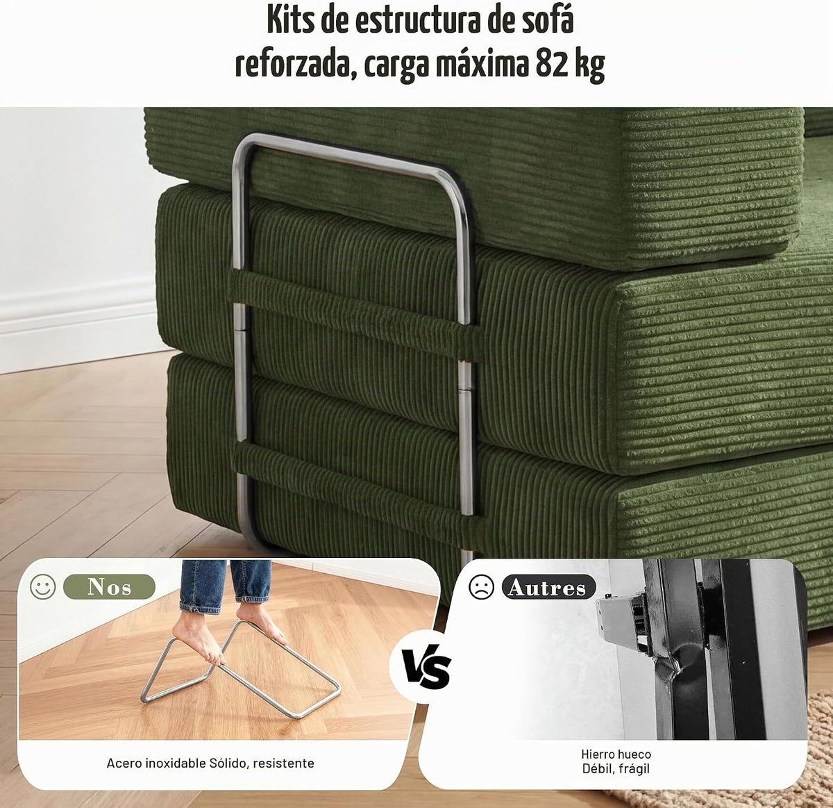 Vipbear Sofá Cama Pana 200×100×70 cm, sofá de Suelo transformable 5 en 1, Espuma de Alta Densidad, Apto para Mascotas y ergonómico, sin Montaje, Verde