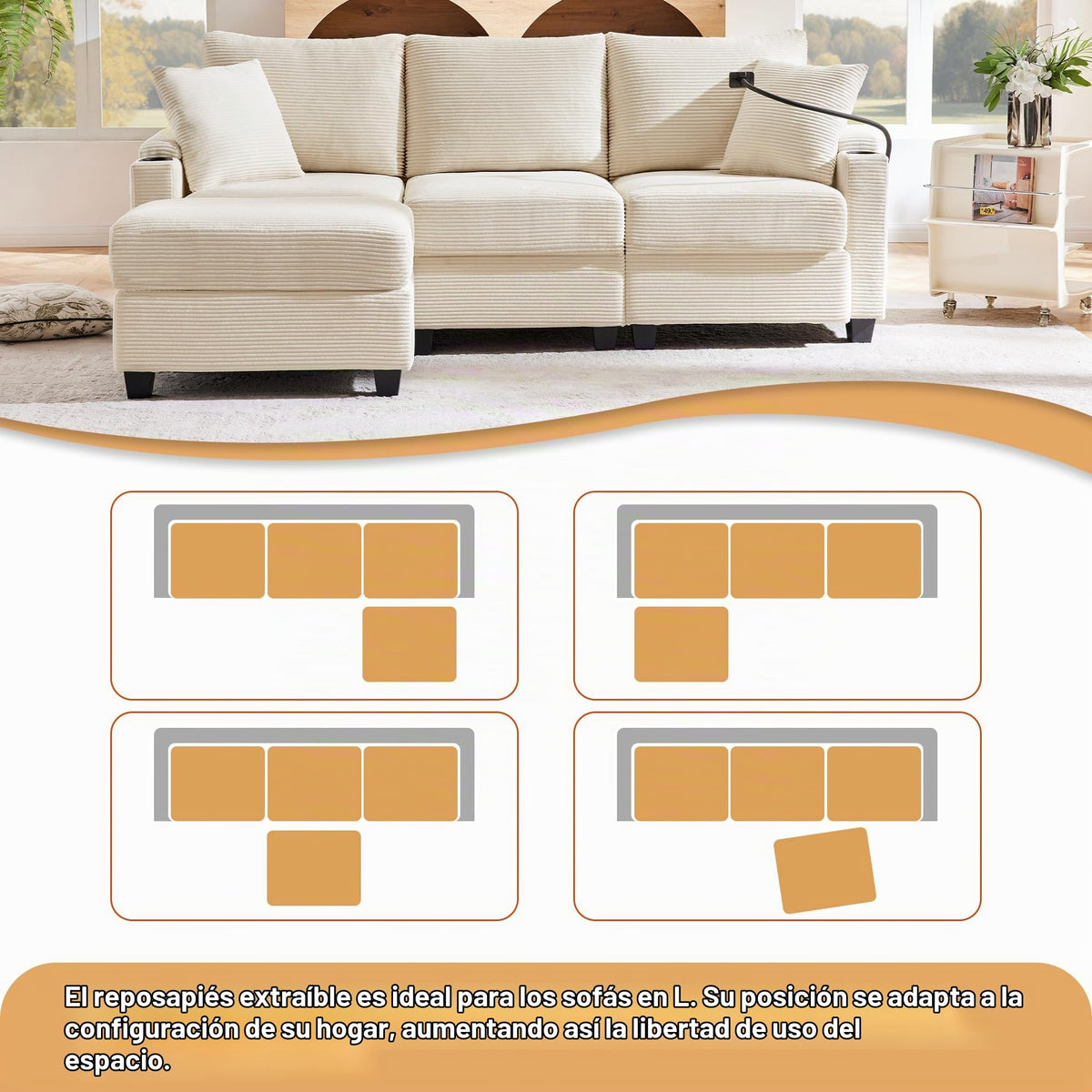 Sofá modular de 6 plazas, sofá esquinero en forma de L/U, puertos USB/tipo C, portavasos y espacio de almacenamiento, tela de chenilla, 7 cojines, salón, dormitorio y oficina, color beige