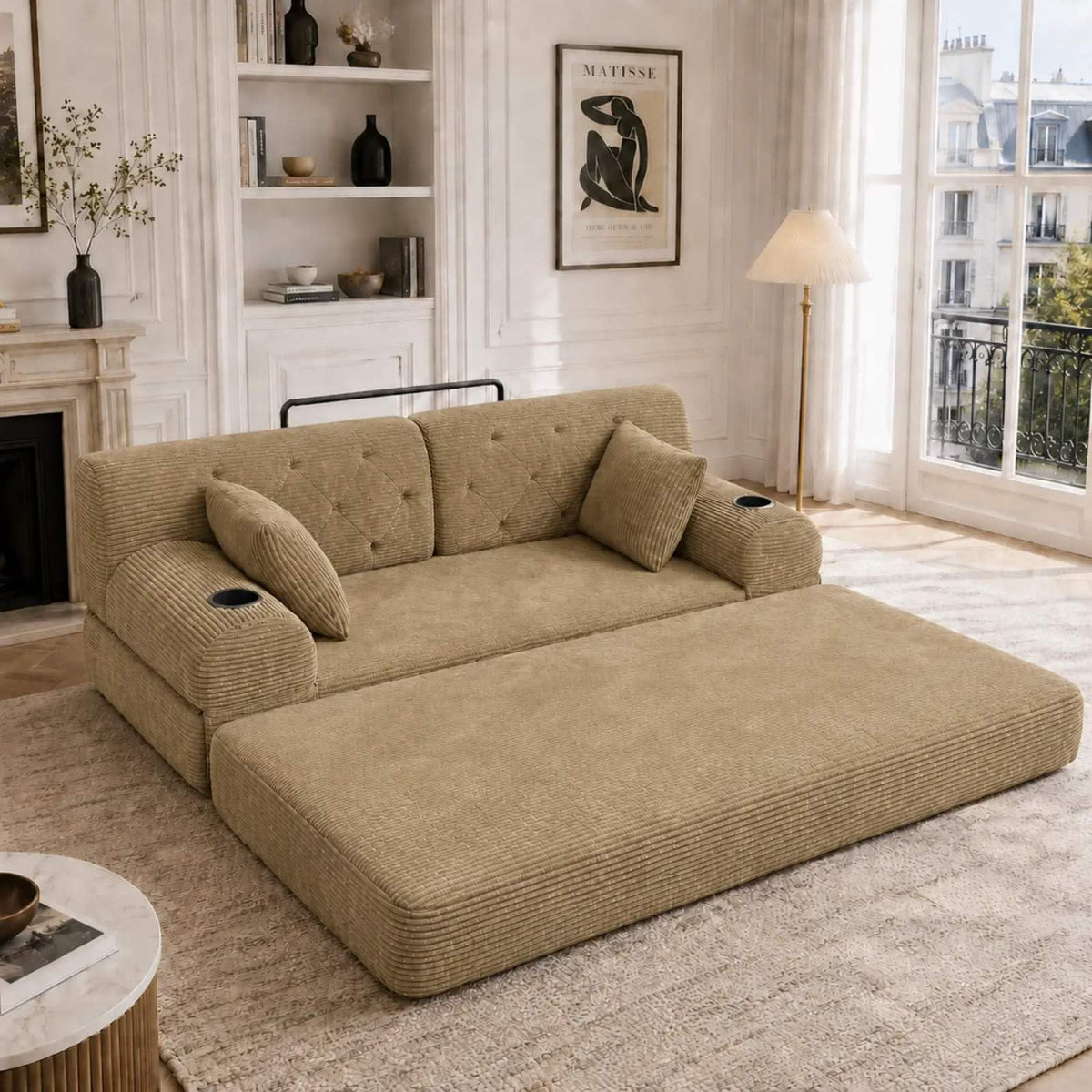 YEHTOKHOME - Sofá de Velor acanalado con respaldo alto y estructura metálica, sofá moderno de 2 plazas con 2 portavasos y 4 bolsillos laterales, para salón, dormitorio (Beige)