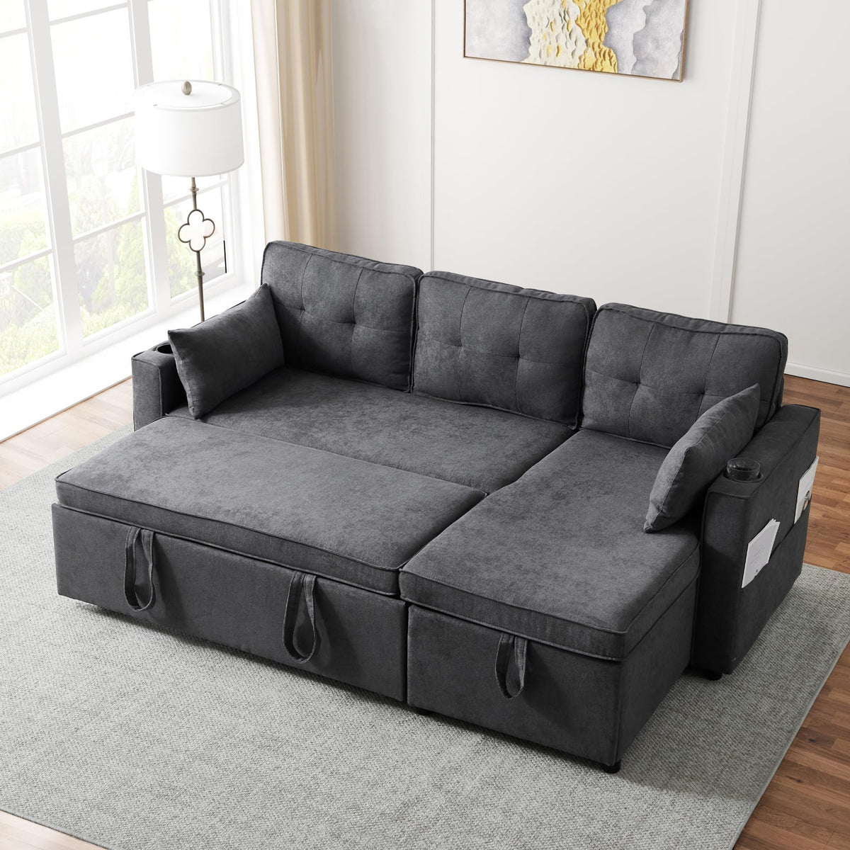 Sofá esquinero extensible en forma de L con puerto USB y portavasos, sofá cama de 4 plazas con función cama, sofá convertible con espacio de almacenamiento y reposabrazos, cojines, chenilla
