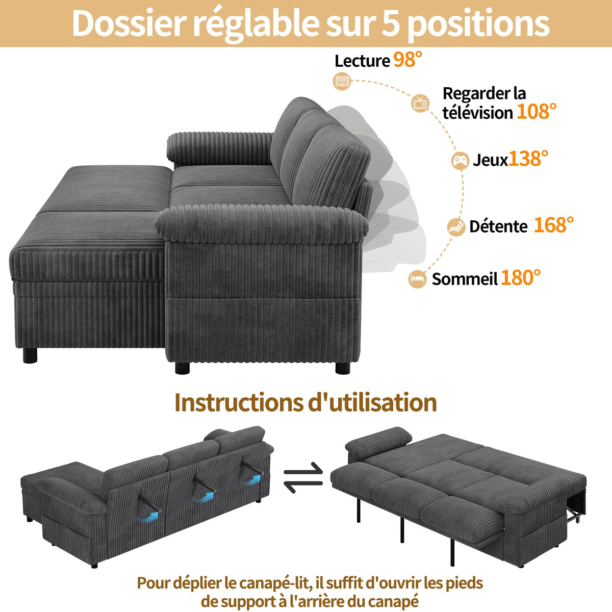 Sofá modular de 3 plazas con función cama extensible y USB/Type-C, sofá esquinero en forma de L con reposacabezas semifijos y compartimento de almacenamiento, sofás con chaise longue