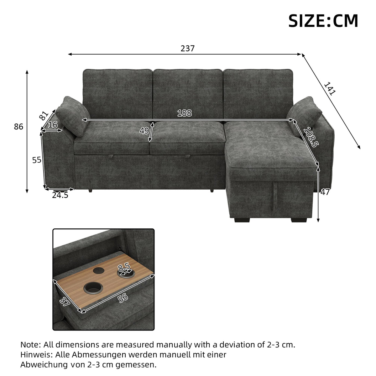 Sofá modular de 3 plazas con función cama extensible y USB/Type-C, sofá esquinero en forma de L con reposacabezas semifijos y compartimento de almacenamiento, sofás con chaise longue