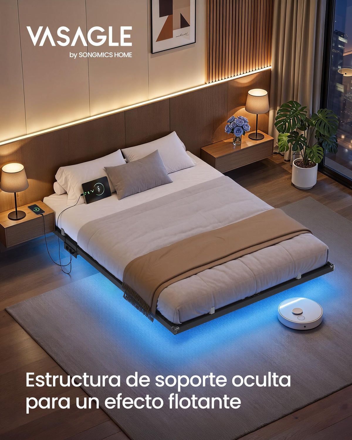 VASAGLE Marco de Cama Flotante, 140 x 200 cm, LED, 2 Tomas y 3 USB