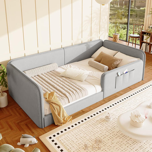 Cama con plataforma 90 x 200 cm con funda de lino suave, acolchado de espuma con marco de seguridad integral, color gris
